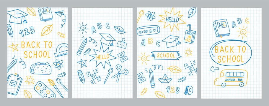 Back to school hand-drawn card set. Vector illustrations