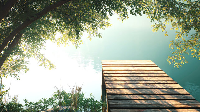 Peaceful Wooden Dock on Tranquil Lake Under Sunlit Trees