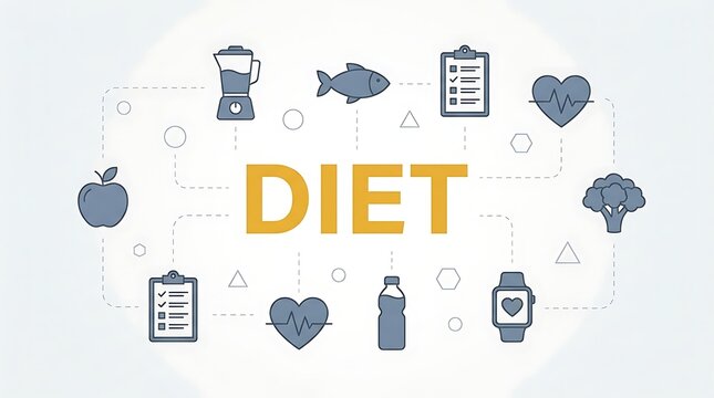 An infographic design featuring diet icons like fish, blender, heart, and apple symbols.