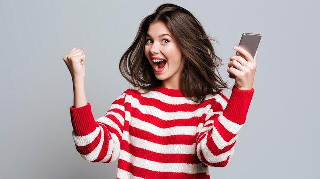 Impressed and lucky young woman in a striped pullover, positive emotion