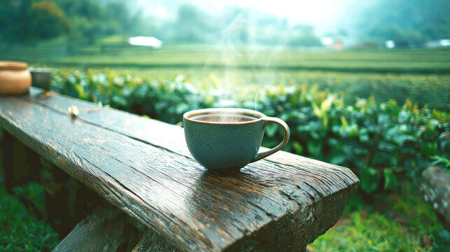 Steaming Hot Tea Cup on Rustic Table with Green Countryside