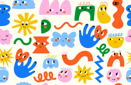 Abstract geometric character face shapes seamless pattern. Hand drawn Doodle trendy. Vector