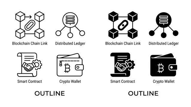 Blockchain Technology Icons: A collection of outline and filled icons representing key blockchain concepts like blockchain chain link, distributed ledger, smart contract, and crypto wallet.