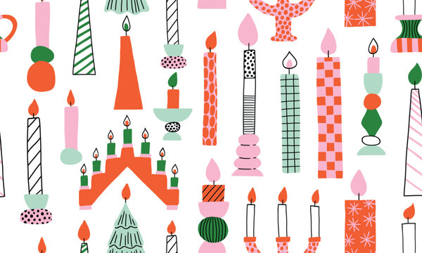 Seamless pattern with candles ornament on white background. Colorful doodle dopamine Christmas candle collection in red, green, and pink colors. Modern design, candlestick. Wrapping paper, textile.
