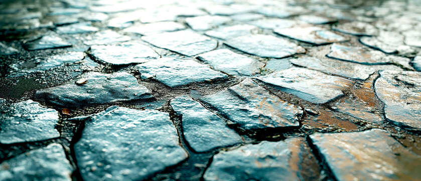 Wet Stone Pavement Texture with Reflective Surface Close Up