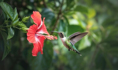 Naklejka premium A hummingbird hovers near a vibrant hibiscus flower, its wings in motion