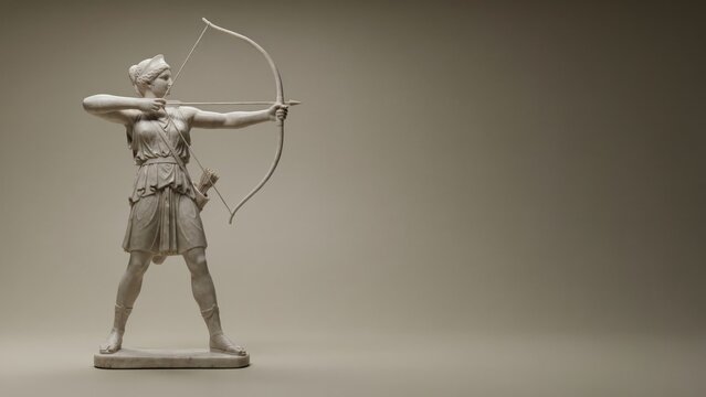 Classical marble statue of Artemis, Greek goddess of the hunt with bow and arrow, ancient mythology sculpture on neutral background