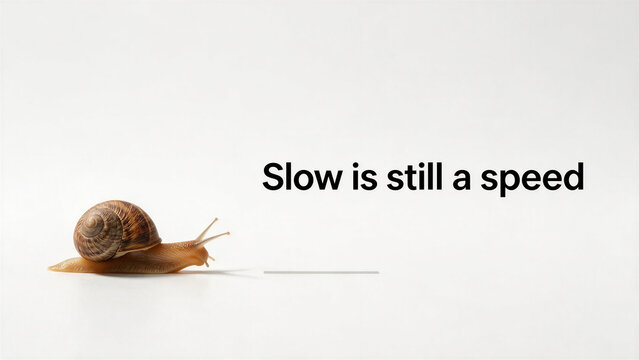 Snail crawling on white surface with text quote "Slow is still a speed". Motivational quotes concept about patience, steady progress, and personal growth.