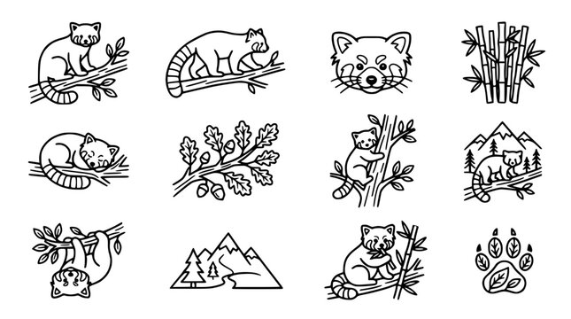 Red Panda Icons Set: Cute Animals, Nature, Bamboo, Forest, Mountains, Paw Print