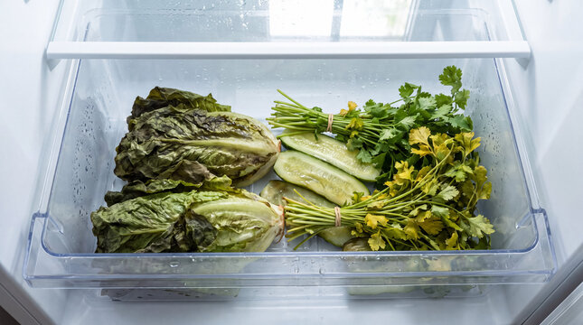 Wilting lettuce, decaying cilantro, and sliced cucumbers in a fridge drawer, illustrating food spoilage and waste
