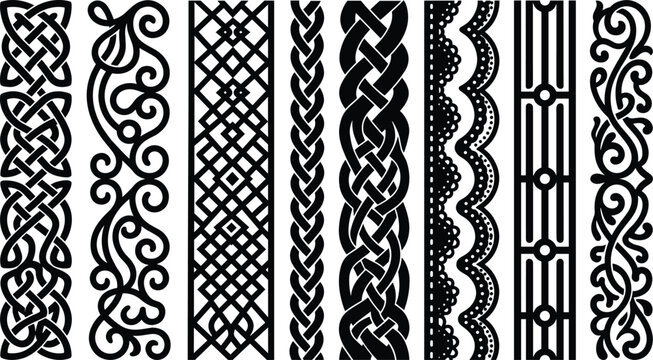 Set of decorative black and white border patterns with Celtic knots and elegant floral scroll designs