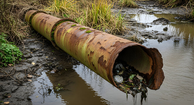 Rusty Industrial Drainage Pipe Discharging Debris and Pollutants Into a Murky Marshland Environmental Crisis
