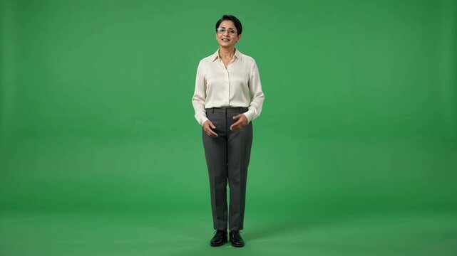Young Indian woman standing confidently on a green screen background, full body shot.