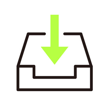Green arrow pointing down into an empty inbox tray, symbolizing download or incoming data.