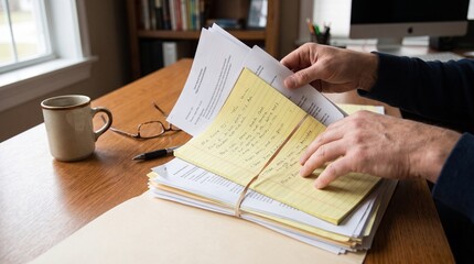 Fototapeta premium Hands Reviewing Handwritten Notes and Documents on Desk Photo - handwritten notes, legal pad, documents, desk work, papers, office desk, business notes, planning notes, writing, notebook, paperwork