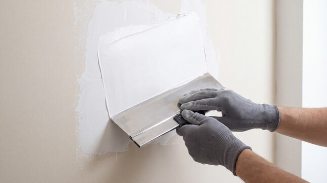 Handyman applying spackle with a putty knife, repairing a wall surface for renovation and home improvement