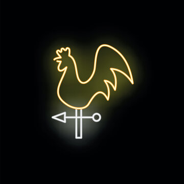 Rooster weathervane neon sign illuminating the dark, showing wind direction