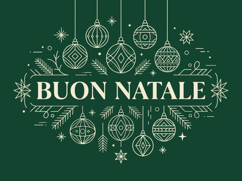 Modern Buon Natale Italian Vector Typography with Geometric Line Art Baubles and Star Patterns on Dark Evergreen