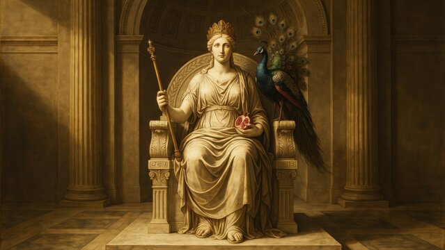 Classical Greek goddess Hera statue on throne, majestic queen with peacock and scepter, ancient mythology sculpture in temple