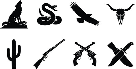 Obraz premium Wild West desert silhouette set featuring wildlife, cactus, animal skull, and cowboy weapons on white background.