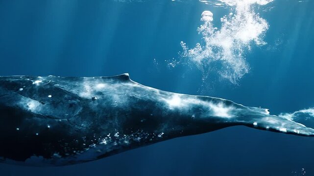 Humpback whale gliding through deep blue ocean, sunlight beams from surface, barnacle skin detail visible, epic conservation nature concept.