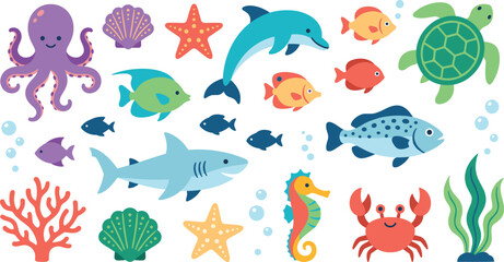 Obraz premium Colorful marine life stickers with cute dolphin and sea animals.