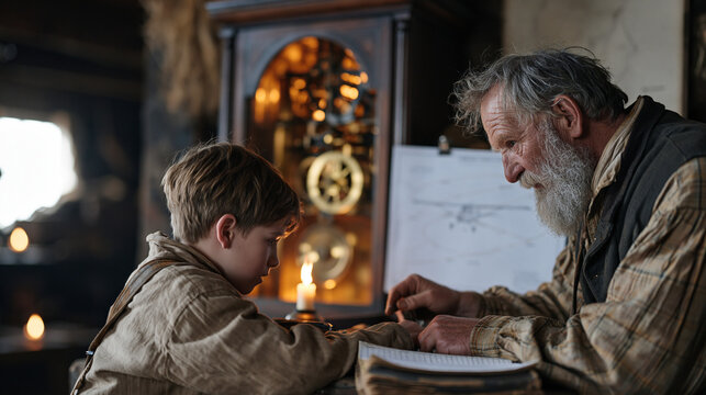 Irish clock winder grandfather demonstrating antique pendulum adjustment to young grandchild by candlelight, grandfather clock mechanism exposed in warm amber glow, crop duster