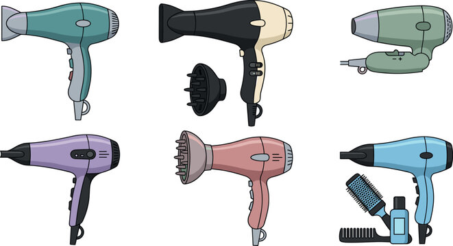 Hair Dryer Vector Icon Set featuring Professional Blow Dryers, Diffuser Attachments, Concentrator Nozzles, Travel Blow Dryer, and Salon Styling Accessories