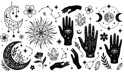 Mystical celestial witchy icons set with moon sun hands palmistry crystals and constellations vector illustration for magic witchcraft designs © MdBelal