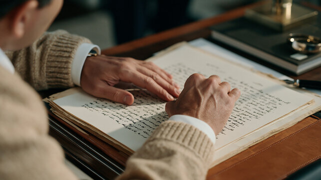 A technical writer's hands rest in a luxury study interior, fingers pressed flat on aged manuscript pages covered in handwritten drought impact notes, close up framing revealing