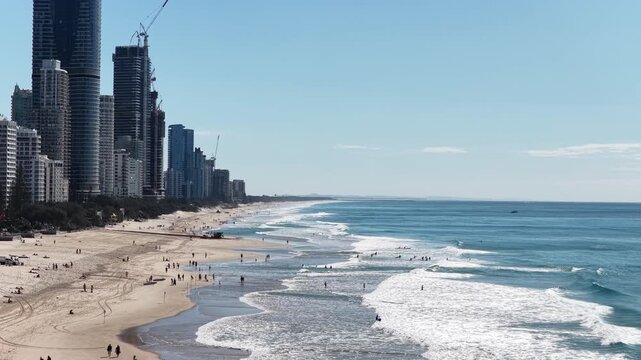 Surfers Paradise drone flight along the beachfront skyline and coastline, Gold Coast, Queensland Australia