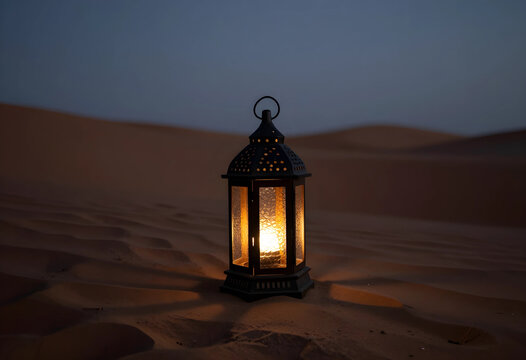 Desert night adventure and travel, traditional arabic lantern illuminating sand dunes under a dark sky, middle eastern culture