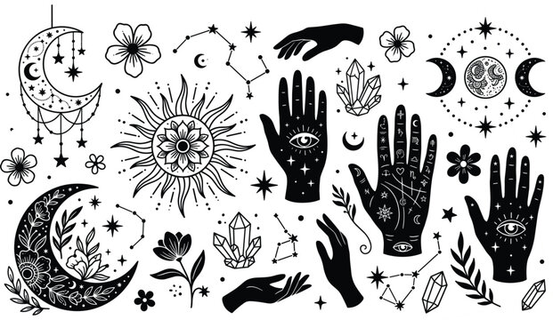 Mystical celestial witchy icons set with moon sun hands palmistry crystals and constellations vector illustration for magic witchcraft designs