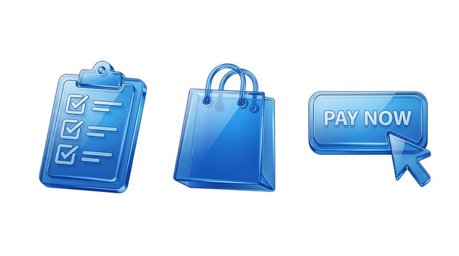 Blue shopping icons with clipboard bag and pay button isolated on transparent background