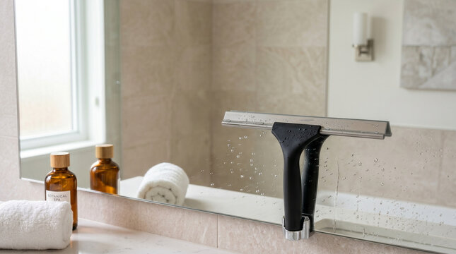 Bathroom squeegee on a countertop with towels and bottles  