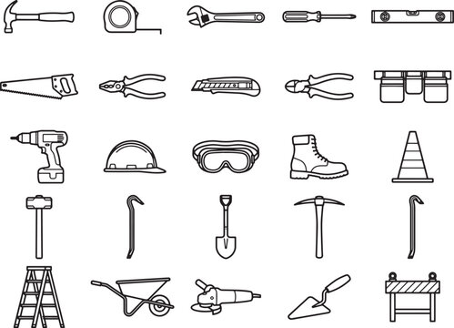 A collection of industrial and construction tools and equipment displayed as outline icons, representing a variety of building and repair work essentials.
