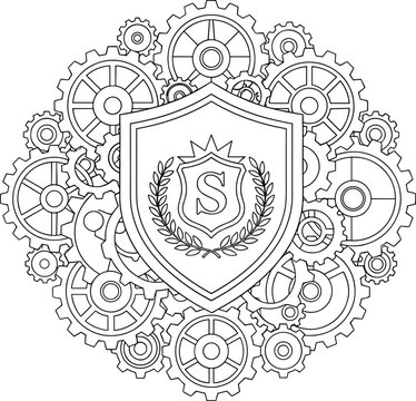 Steampunk Crest Heraldic Shield with Mechanical Gears Line Art Vector Illustration