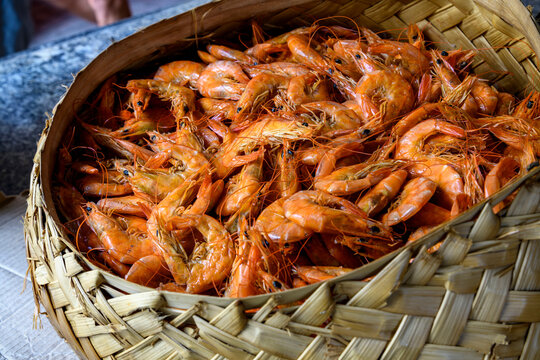 Basket of shrimp for sale at the Tulhas Market in the historic center of Sao Luis, Maranhao.