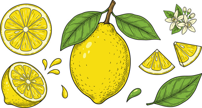 Hand Drawn Vintage Lemon Vector Set Featuring Whole Citrus Fruit with Leaves Half Slices Wedges and Blossoms Isolated on White Background