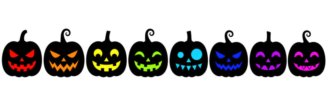 Colorful neon halloween jack o lantern silhouettes row set with scary face expressions illustration isolated PNG with Transparent Background