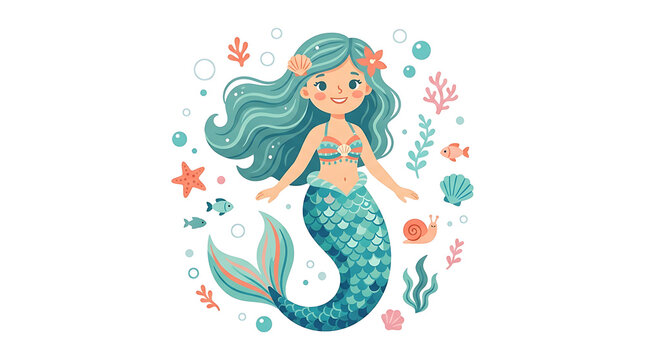 Cute cartoon mermaid with sea elements isolated on white background