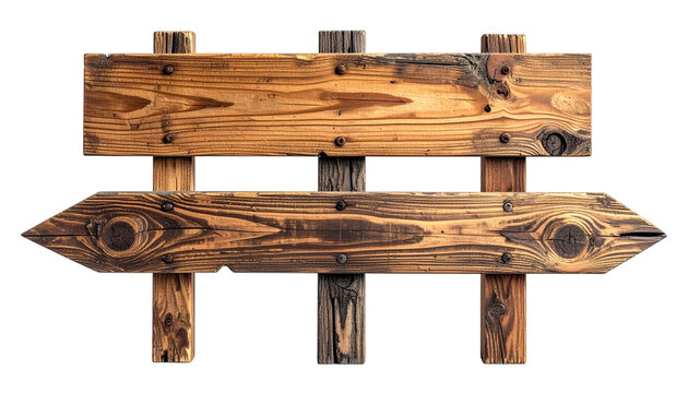 Weathered wooden directional sign against a transparent background, showcasing intricate wood grain and rustic craftsmanship