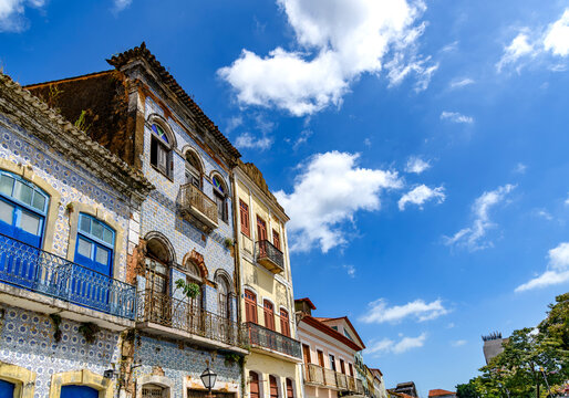 Grand houses with facades covered in 18th-century Portuguese tiles in the city of Sao Luis, Maranhao.