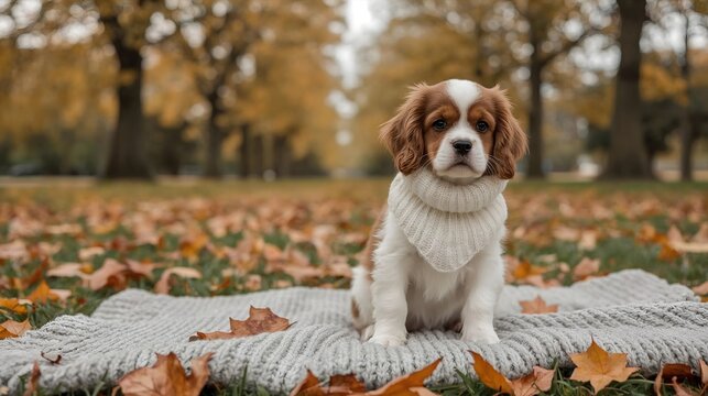 Cozy puppy resting on a blanket among autumn leaves