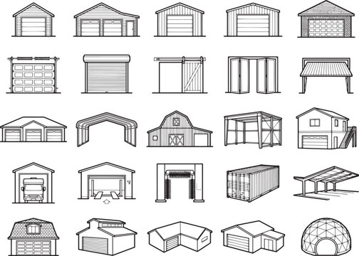 A collection of diverse building structures, including garages, barns, and industrial sheds, displayed in a graphic illustration format.