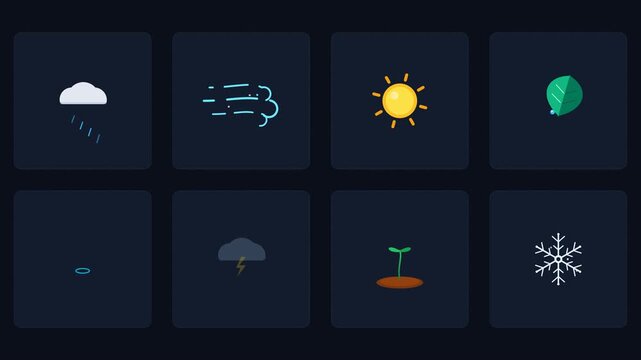 Weather Animated Icons Set Rain Wind Sun Lightning Snow Flat Vector Loop