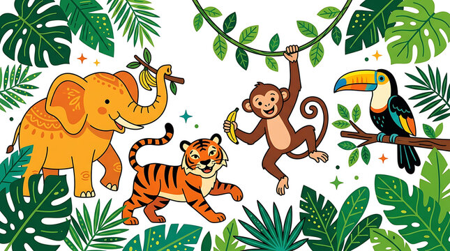 Cute jungle animals with elephant tiger monkey and toucan