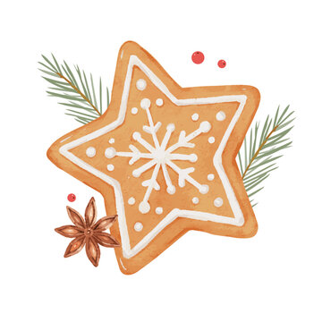 Watercolor Christmas Gingerbread Star Cookie with Snowflake, Fir Branches and Anise