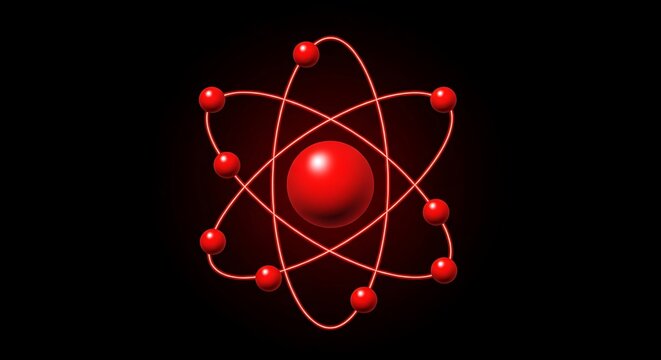 Red atomic structure with orbiting electrons on a dark black background.