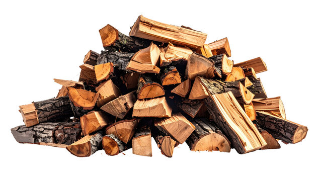 Stacked firewood cut logs pile, varied sizes & shapes, light/dark contrast, textures of bark & wood visible against dark background